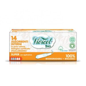 Vivicot BIO, tampony higieniczne SUPER z aplikatorem, z organicznej bawełny, niebielone chlorem, kompostowalne, 14 sztuk